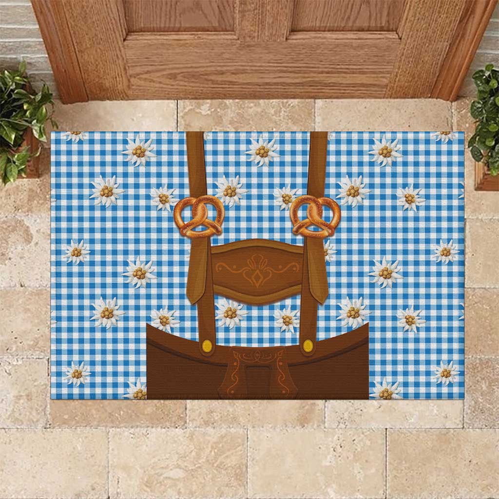 Traditional German Costume - Lederhosen and Soft Pretzel Rubber Doormat Red Plaid Pattern with Edelweiss Flowers