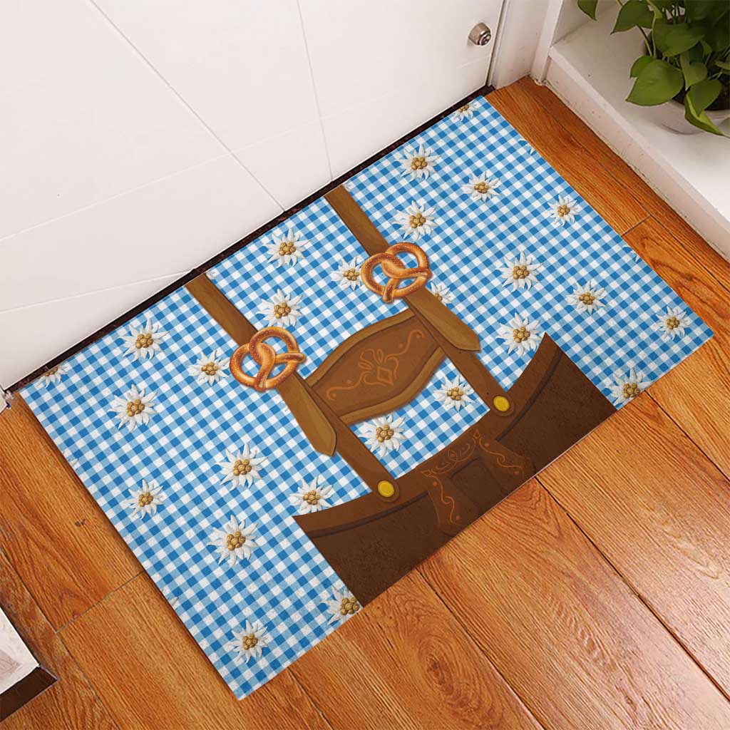 Traditional German Costume - Lederhosen and Soft Pretzel Rubber Doormat Red Plaid Pattern with Edelweiss Flowers