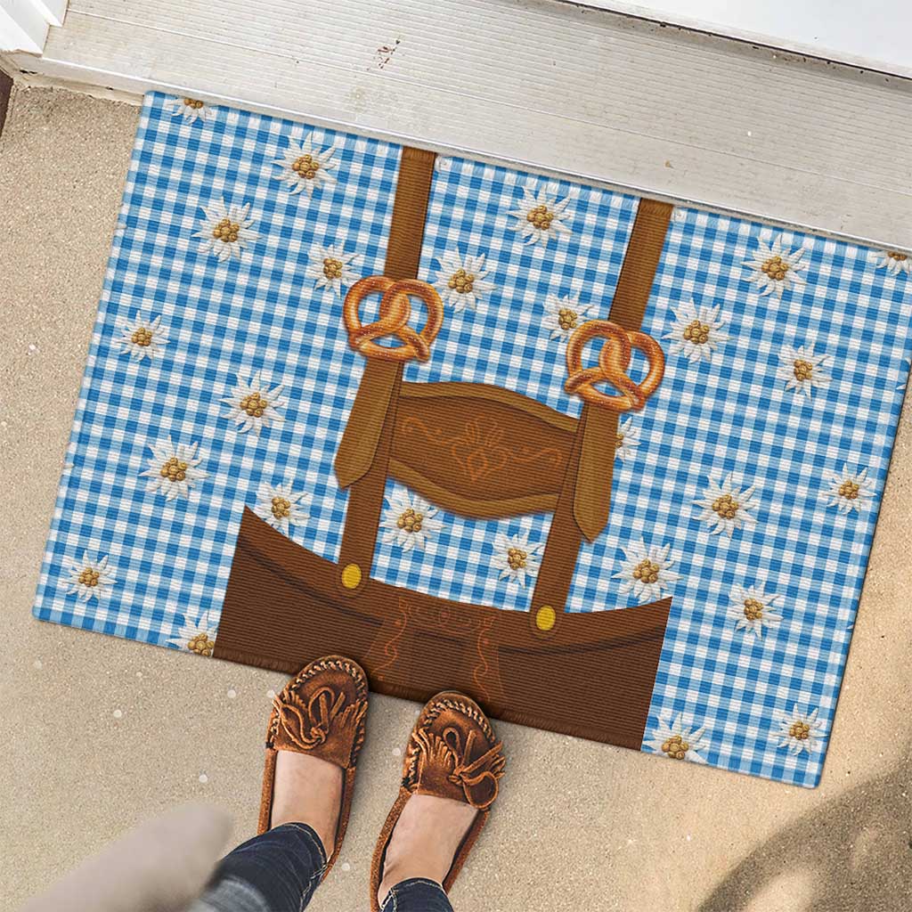 Traditional German Costume - Lederhosen and Soft Pretzel Rubber Doormat Red Plaid Pattern with Edelweiss Flowers