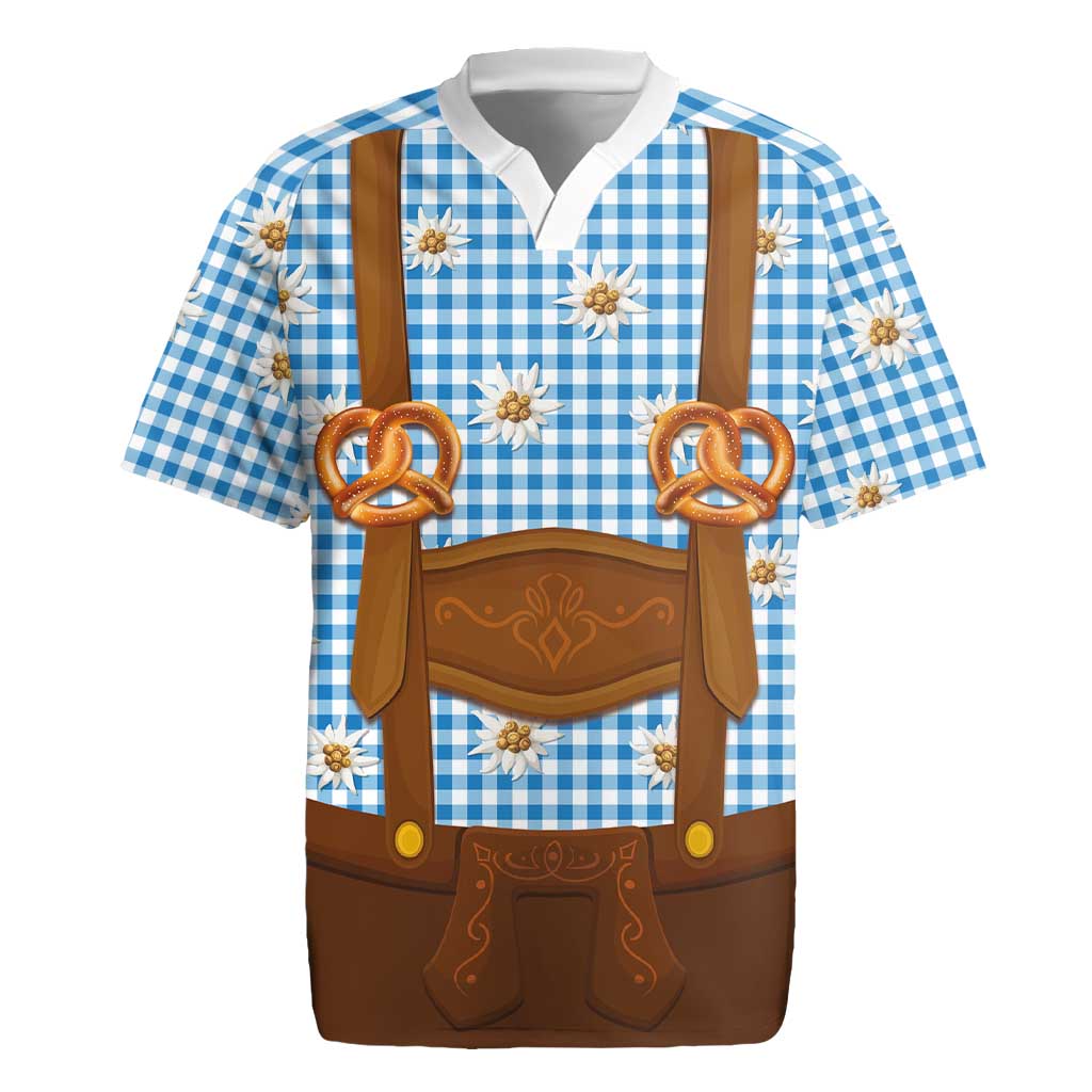 Traditional German Costume - Lederhosen and Soft Pretzel Rugby Jersey Red Plaid Pattern with Edelweiss Flowers