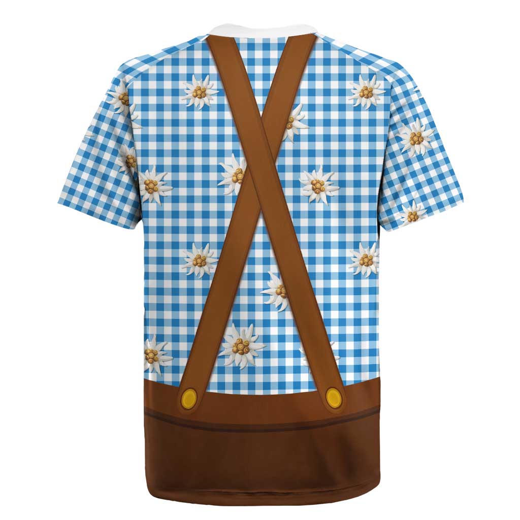 Traditional German Costume - Lederhosen and Soft Pretzel Rugby Jersey Red Plaid Pattern with Edelweiss Flowers