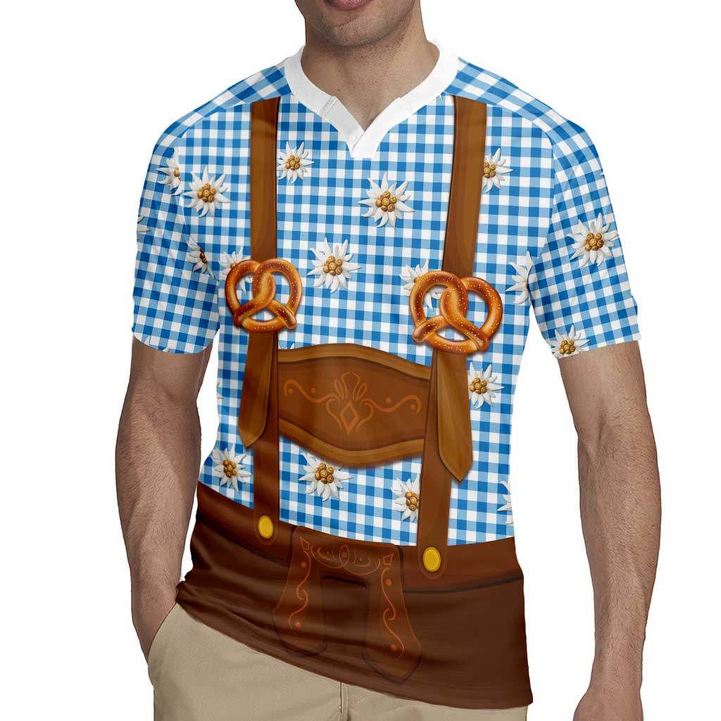 Traditional German Costume - Lederhosen and Soft Pretzel Rugby Jersey Red Plaid Pattern with Edelweiss Flowers