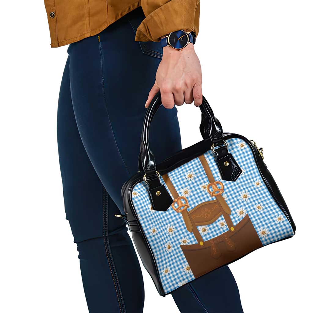 Traditional German Costume - Lederhosen and Soft Pretzel Shoulder Handbag Red Plaid Pattern with Edelweiss Flowers