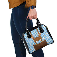 Traditional German Costume - Lederhosen and Soft Pretzel Shoulder Handbag Red Plaid Pattern with Edelweiss Flowers