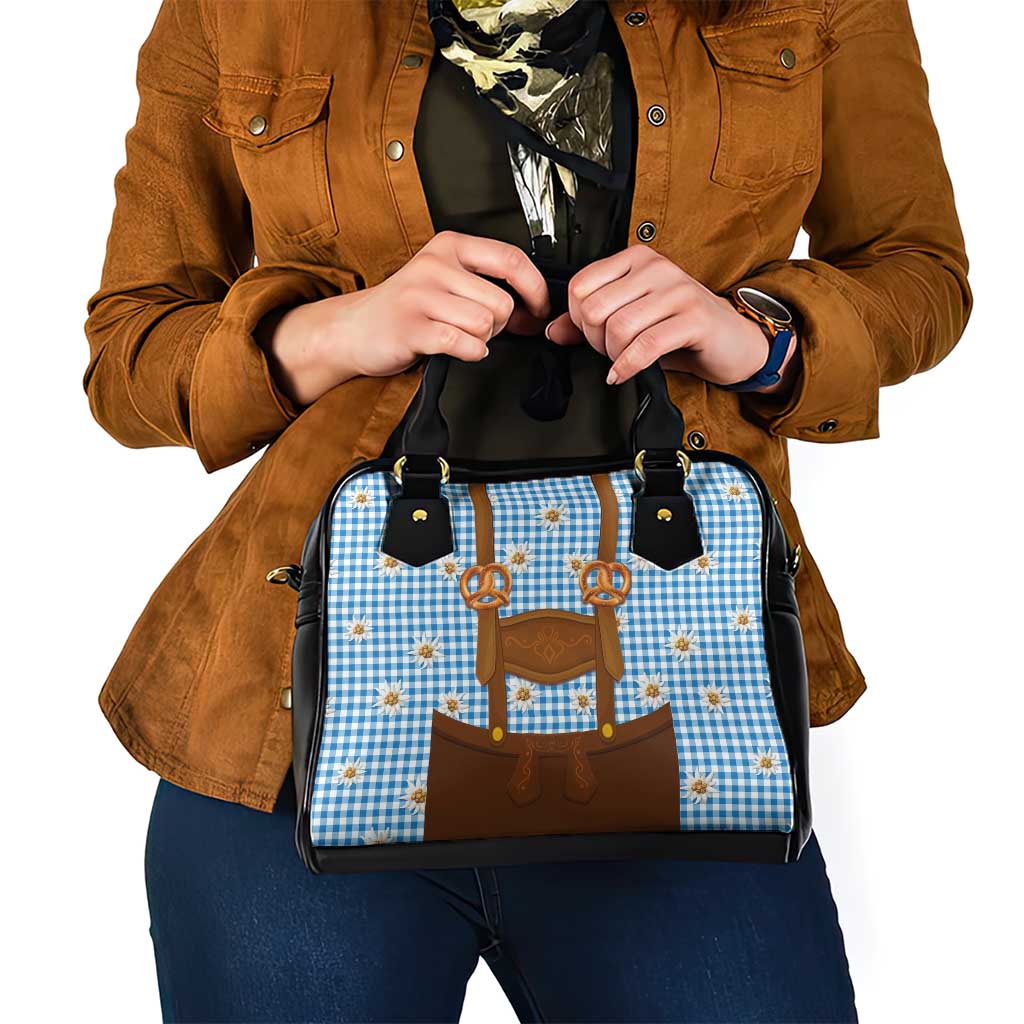 Traditional German Costume - Lederhosen and Soft Pretzel Shoulder Handbag Red Plaid Pattern with Edelweiss Flowers