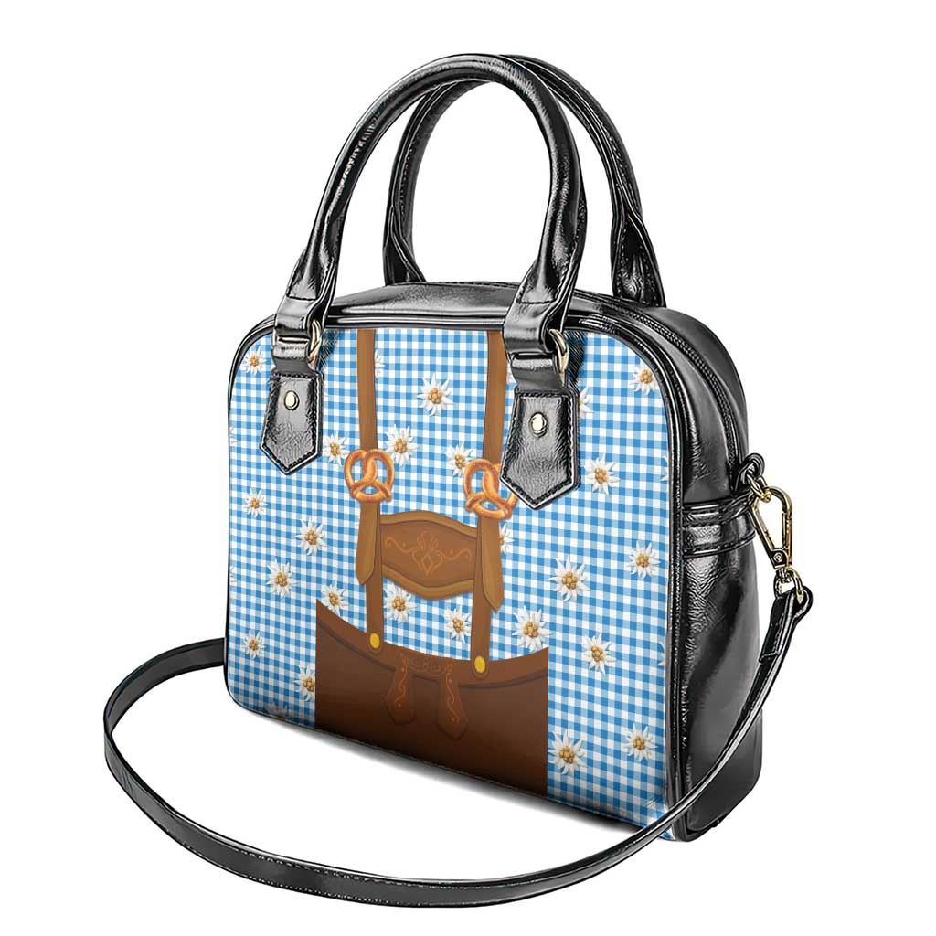 Traditional German Costume - Lederhosen and Soft Pretzel Shoulder Handbag Red Plaid Pattern with Edelweiss Flowers