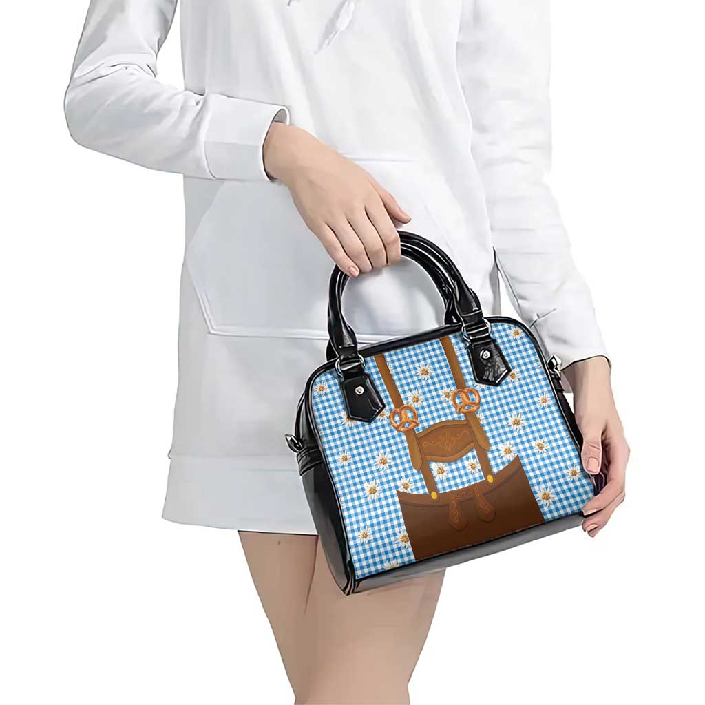 Traditional German Costume - Lederhosen and Soft Pretzel Shoulder Handbag Red Plaid Pattern with Edelweiss Flowers