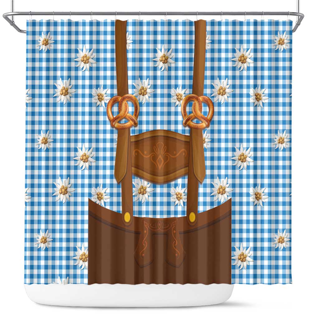 Traditional German Costume - Lederhosen and Soft Pretzel Shower Curtain Red Plaid Pattern with Edelweiss Flowers