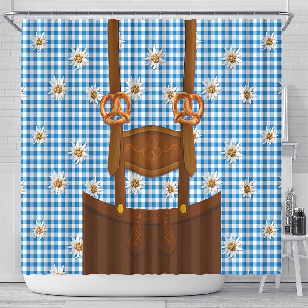 Traditional German Costume - Lederhosen and Soft Pretzel Shower Curtain Red Plaid Pattern with Edelweiss Flowers