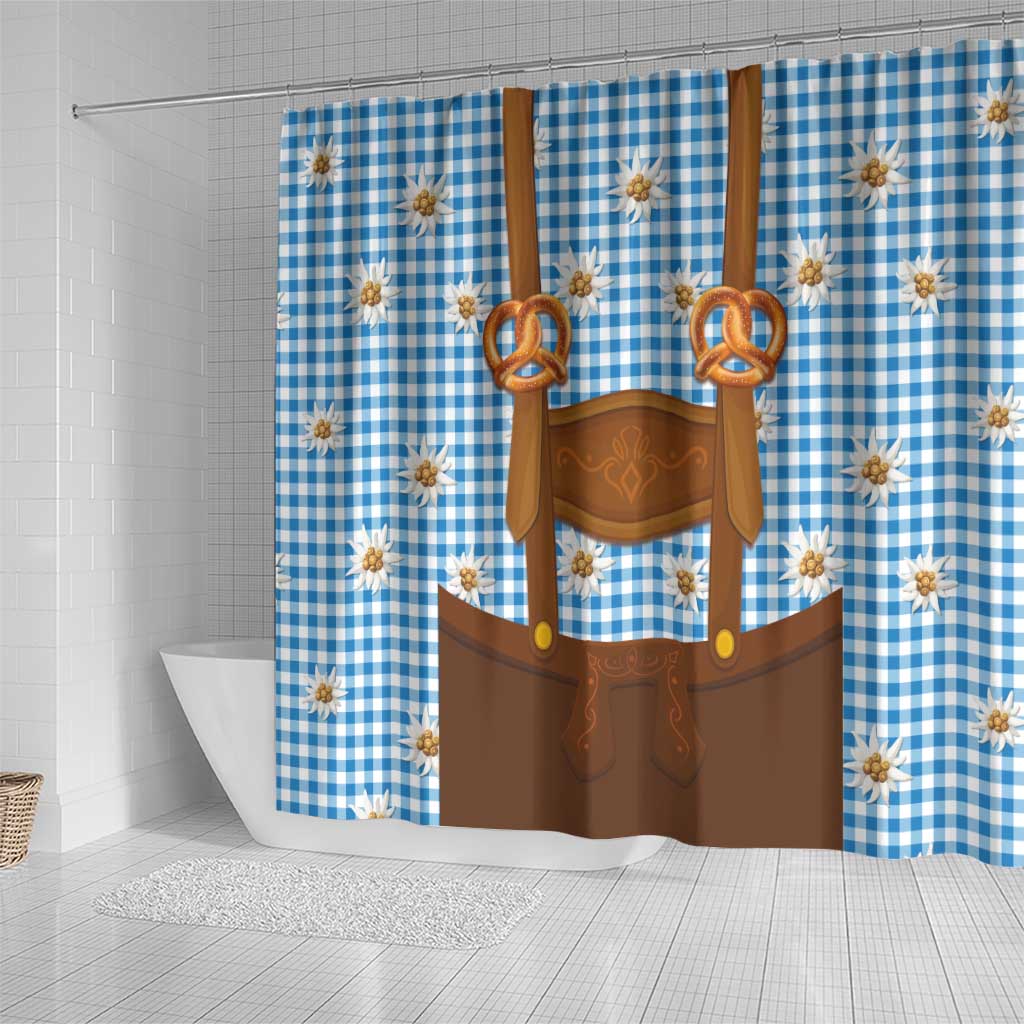 Traditional German Costume - Lederhosen and Soft Pretzel Shower Curtain Red Plaid Pattern with Edelweiss Flowers