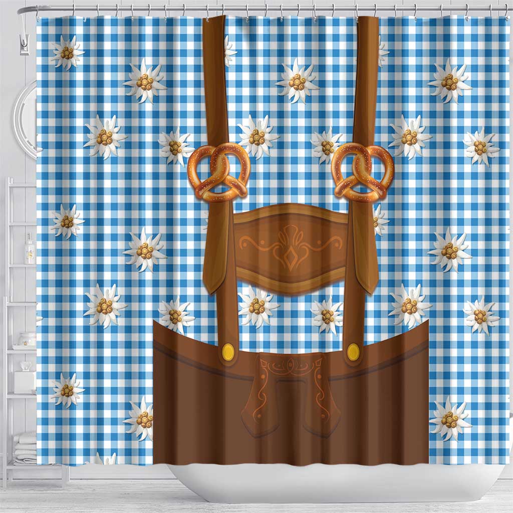 Traditional German Costume - Lederhosen and Soft Pretzel Shower Curtain Red Plaid Pattern with Edelweiss Flowers