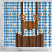 Traditional German Costume - Lederhosen and Soft Pretzel Shower Curtain Red Plaid Pattern with Edelweiss Flowers