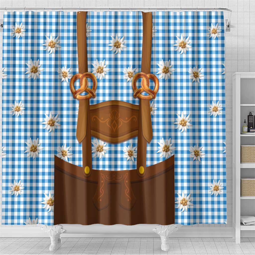 Traditional German Costume - Lederhosen and Soft Pretzel Shower Curtain Red Plaid Pattern with Edelweiss Flowers