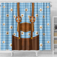 Traditional German Costume - Lederhosen and Soft Pretzel Shower Curtain Red Plaid Pattern with Edelweiss Flowers