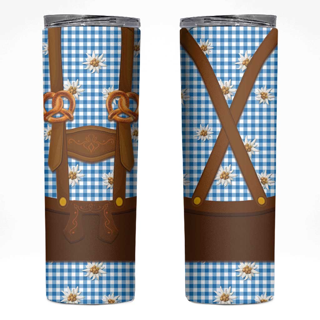 Traditional German Costume - Lederhosen and Soft Pretzel Skinny Tumbler Red Plaid Pattern with Edelweiss Flowers