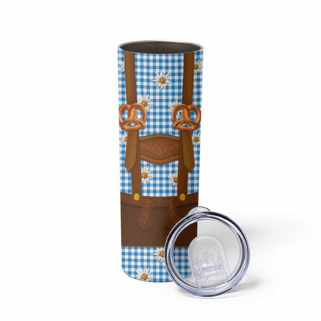 Traditional German Costume - Lederhosen and Soft Pretzel Skinny Tumbler Red Plaid Pattern with Edelweiss Flowers