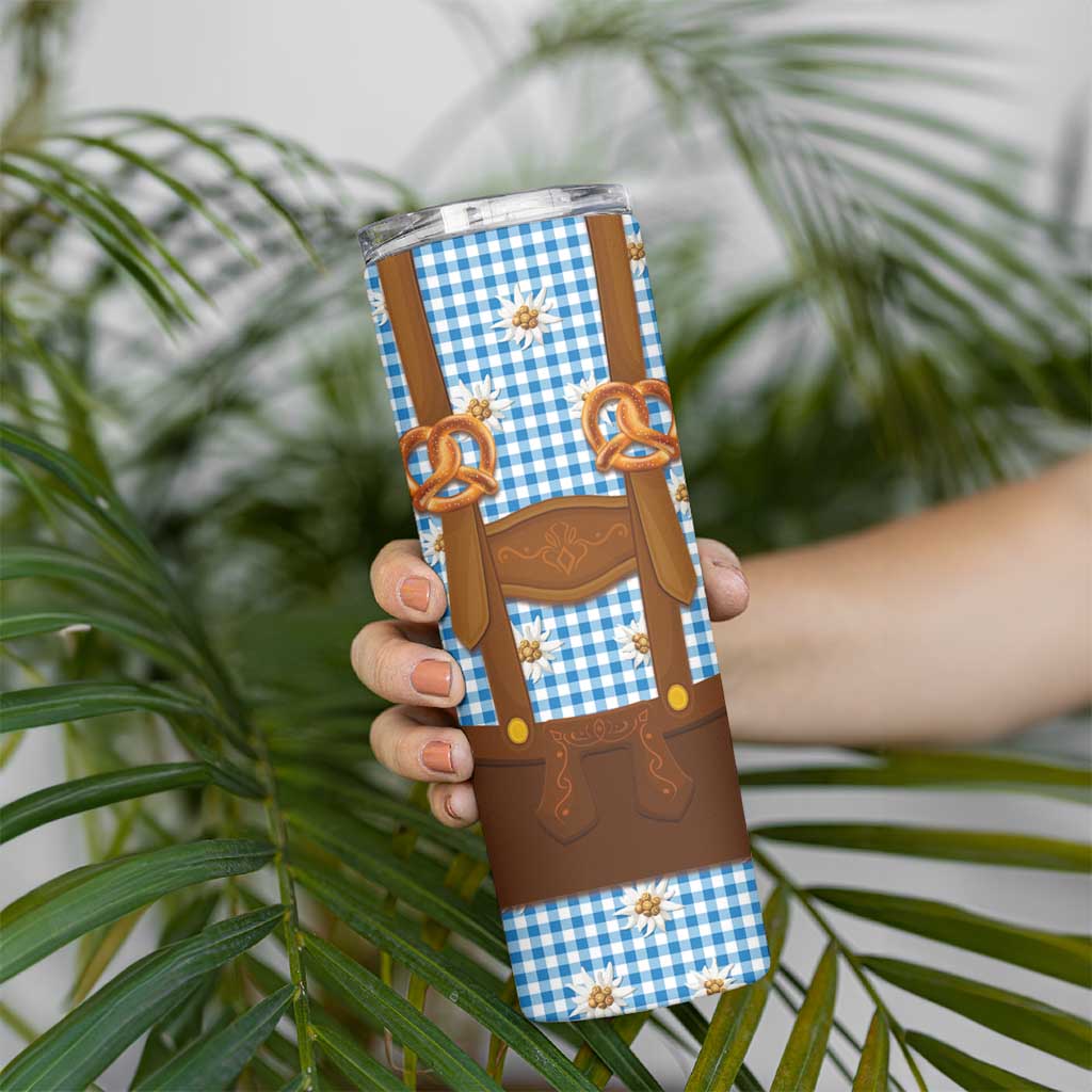 Traditional German Costume - Lederhosen and Soft Pretzel Skinny Tumbler Red Plaid Pattern with Edelweiss Flowers