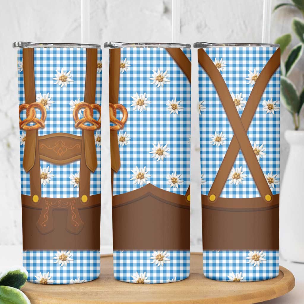 Traditional German Costume - Lederhosen and Soft Pretzel Skinny Tumbler Red Plaid Pattern with Edelweiss Flowers