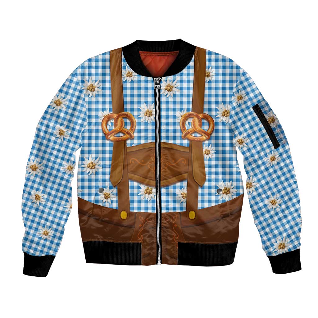 Traditional German Costume - Lederhosen and Soft Pretzel Sleeve Zip Bomber Jacket Red Plaid Pattern with Edelweiss Flowers