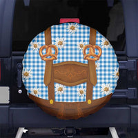 Traditional German Costume - Lederhosen and Soft Pretzel Spare Tire Cover Red Plaid Pattern with Edelweiss Flowers