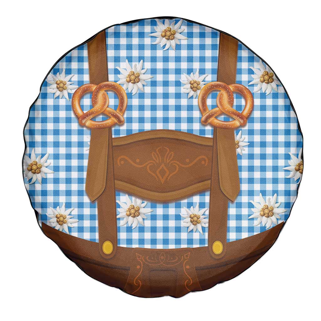 Traditional German Costume - Lederhosen and Soft Pretzel Spare Tire Cover Red Plaid Pattern with Edelweiss Flowers