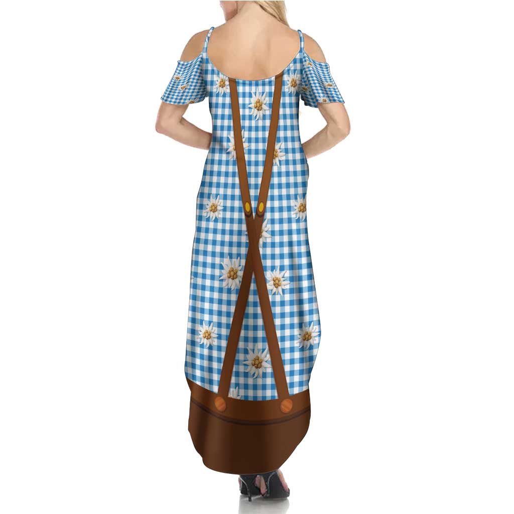 Traditional German Costume - Lederhosen and Soft Pretzel Summer Maxi Dress Red Plaid Pattern with Edelweiss Flowers