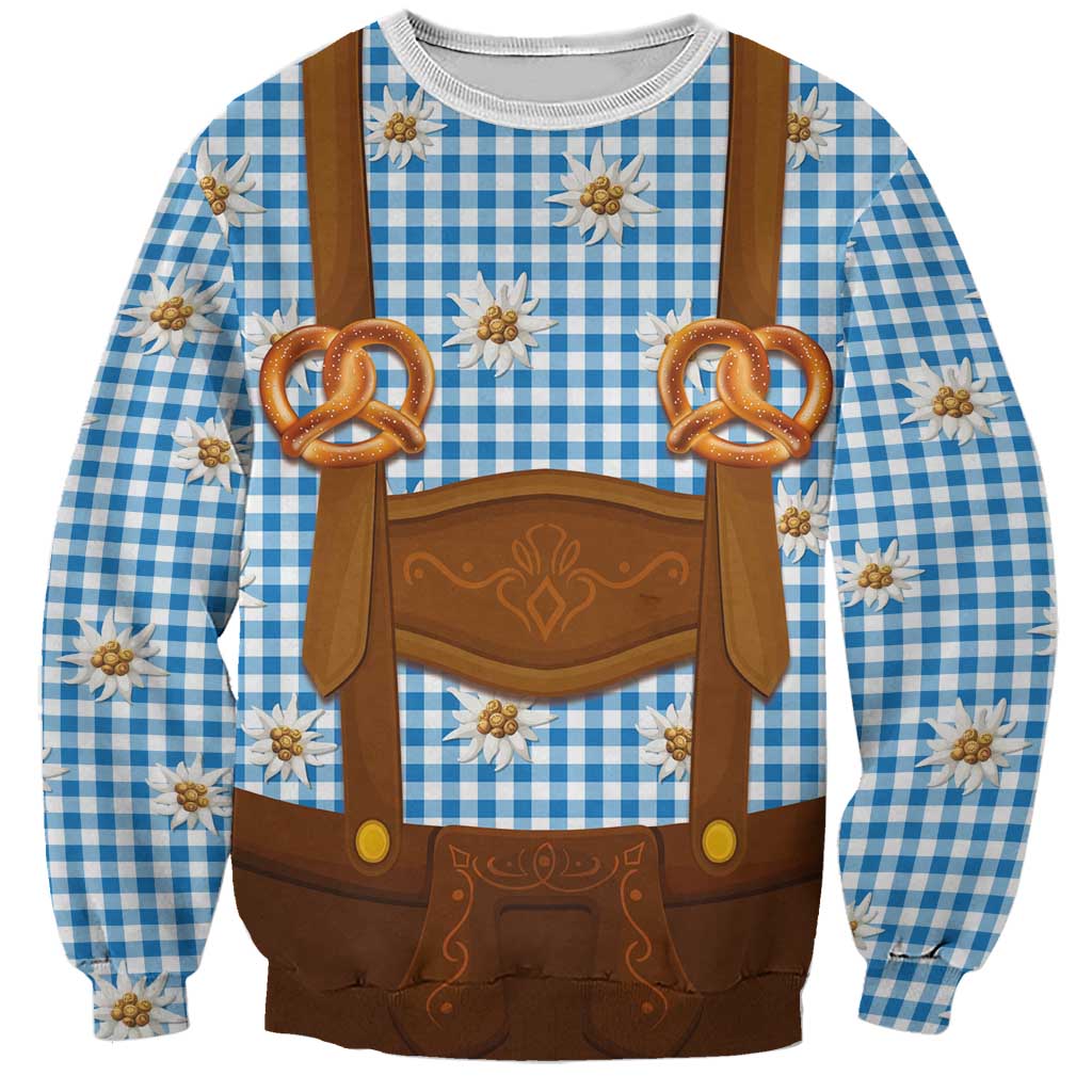 Traditional German Costume - Lederhosen and Soft Pretzel Sweatshirt Red Plaid Pattern with Edelweiss Flowers