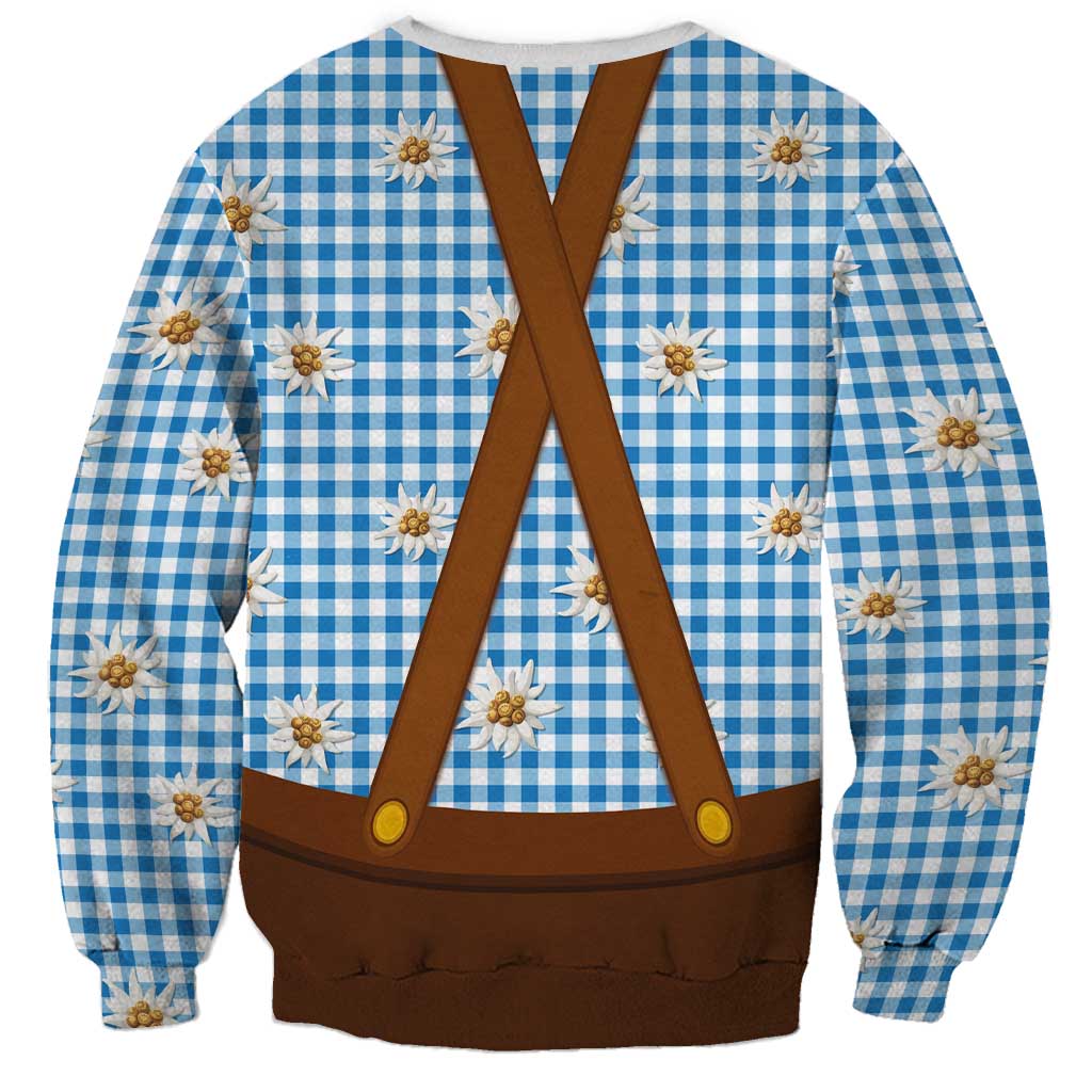 Traditional German Costume - Lederhosen and Soft Pretzel Sweatshirt Red Plaid Pattern with Edelweiss Flowers