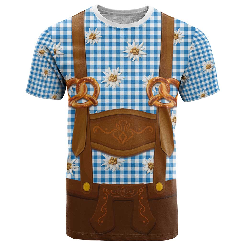 Traditional German Costume - Lederhosen and Soft Pretzel T Shirt Red Plaid Pattern with Edelweiss Flowers