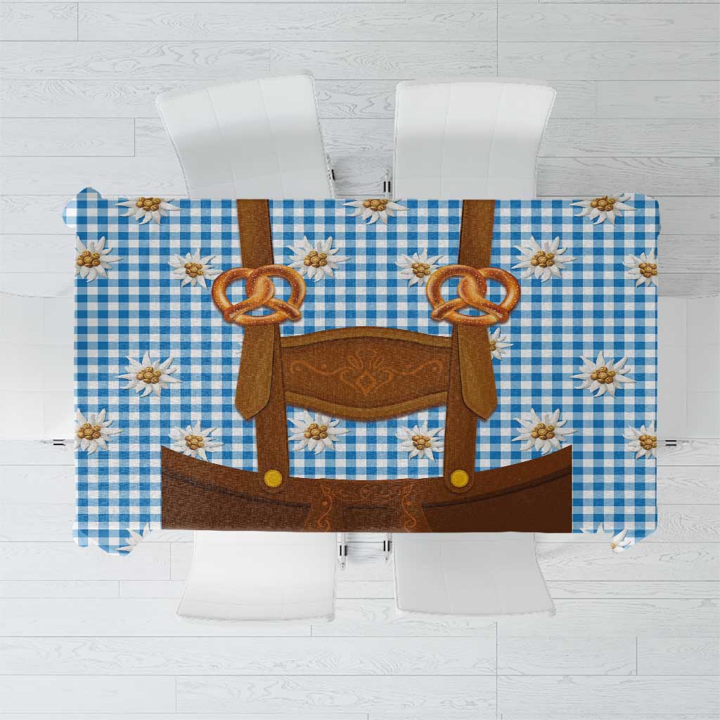 Traditional German Costume - Lederhosen and Soft Pretzel Tablecloth Red Plaid Pattern with Edelweiss Flowers