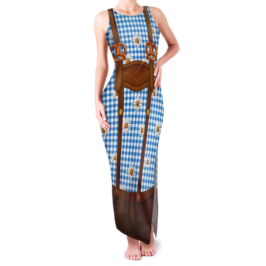 Traditional German Costume - Lederhosen and Soft Pretzel Tank Maxi Dress Red Plaid Pattern with Edelweiss Flowers