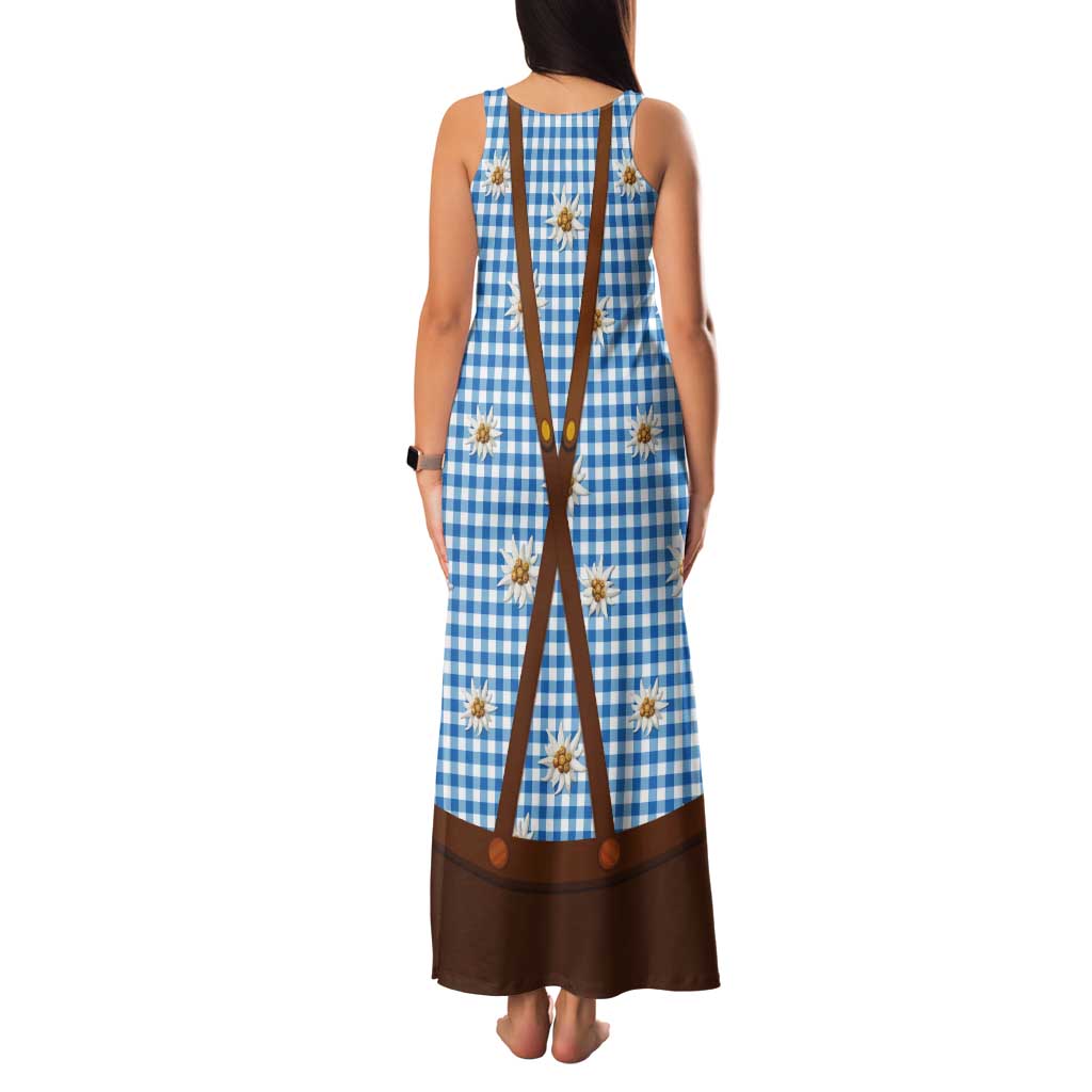 Traditional German Costume - Lederhosen and Soft Pretzel Tank Maxi Dress Red Plaid Pattern with Edelweiss Flowers