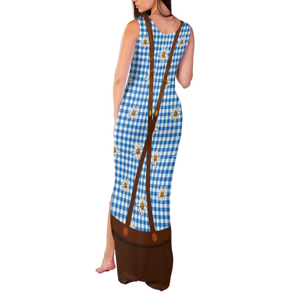 Traditional German Costume - Lederhosen and Soft Pretzel Tank Maxi Dress Red Plaid Pattern with Edelweiss Flowers