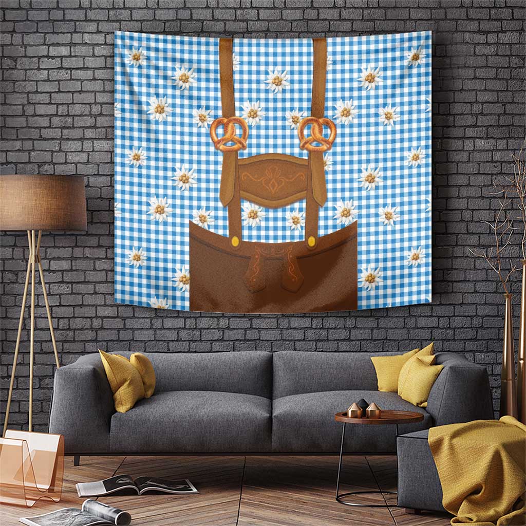 Traditional German Costume - Lederhosen and Soft Pretzel Tapestry Red Plaid Pattern with Edelweiss Flowers