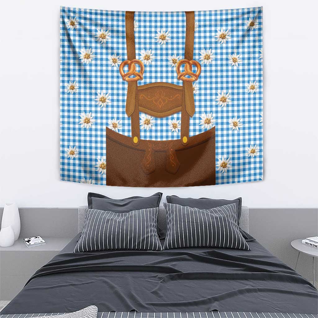 Traditional German Costume - Lederhosen and Soft Pretzel Tapestry Red Plaid Pattern with Edelweiss Flowers