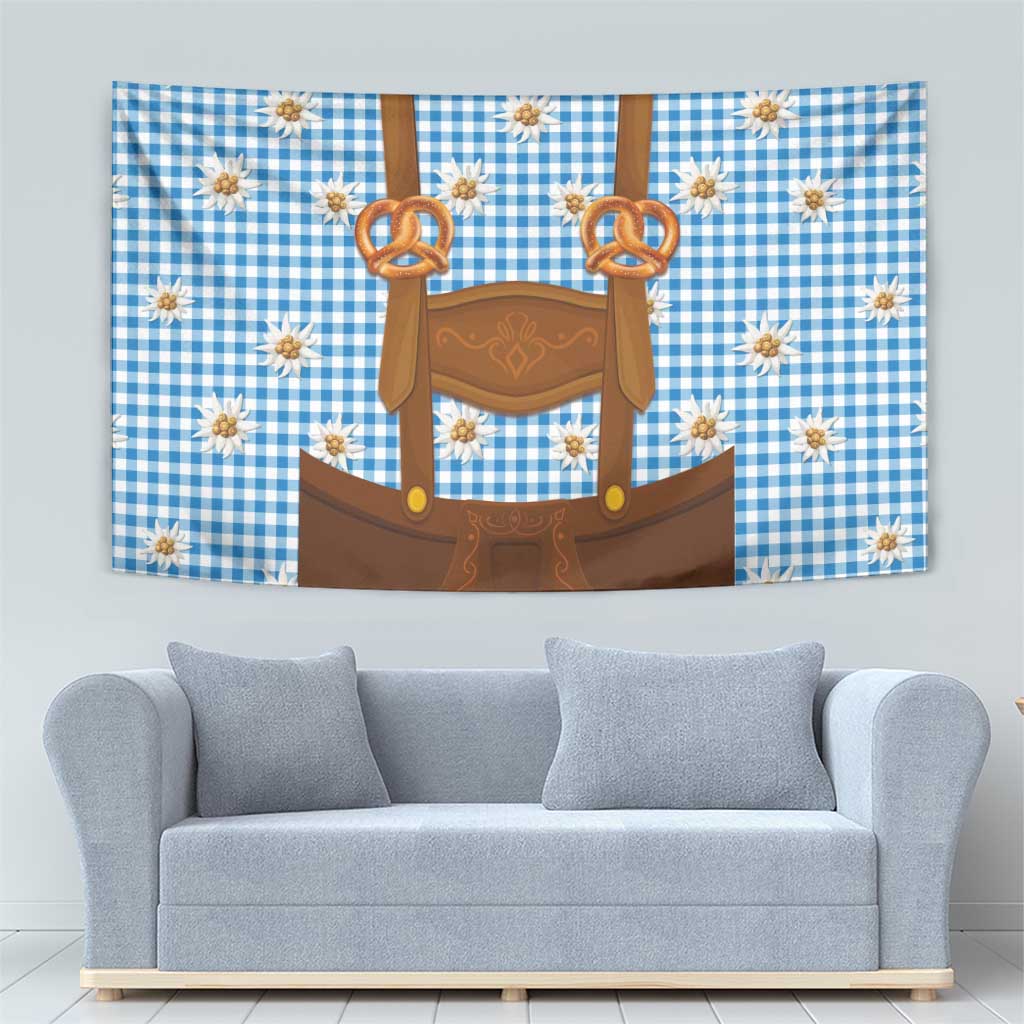 Traditional German Costume - Lederhosen and Soft Pretzel Tapestry Red Plaid Pattern with Edelweiss Flowers