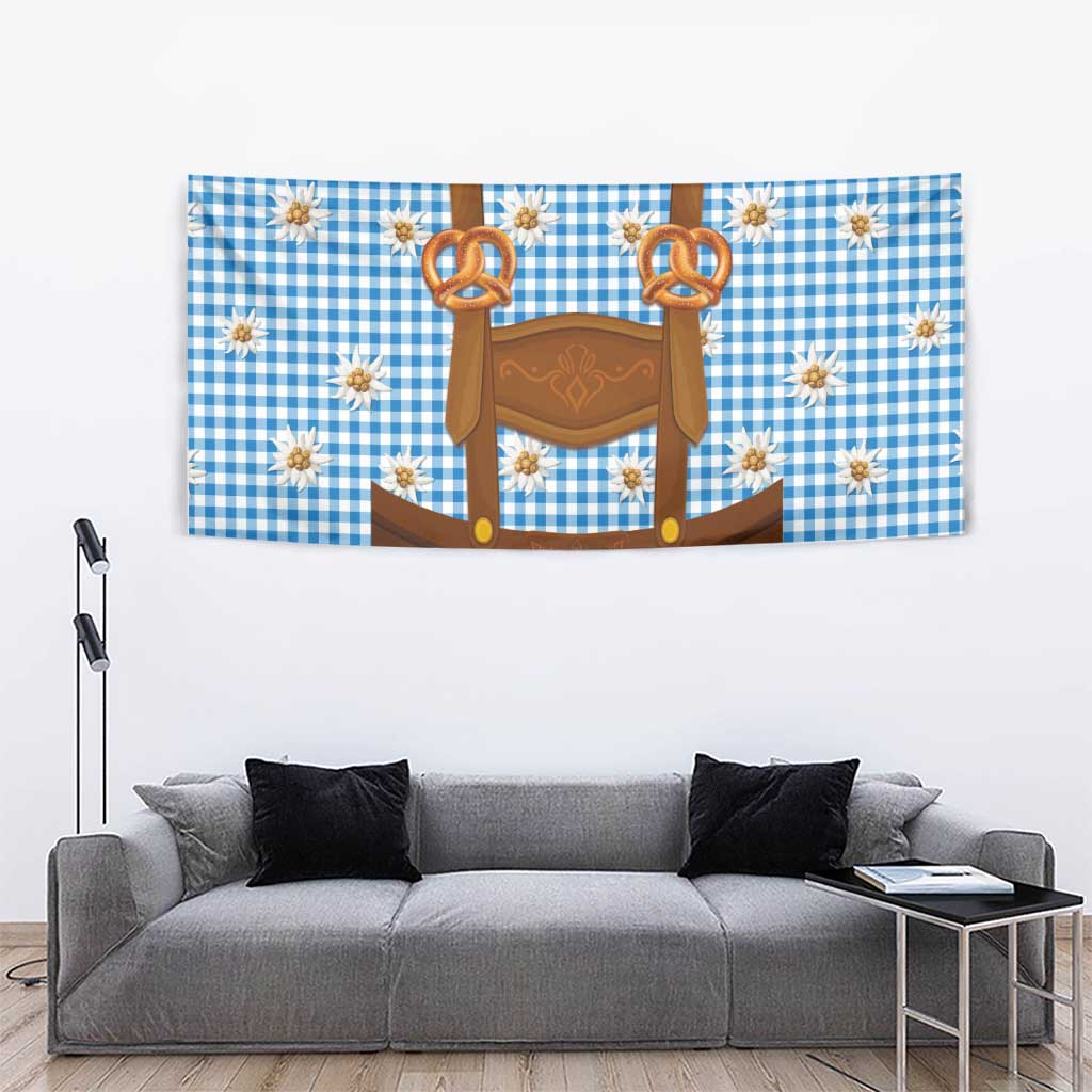 Traditional German Costume - Lederhosen and Soft Pretzel Tapestry Red Plaid Pattern with Edelweiss Flowers