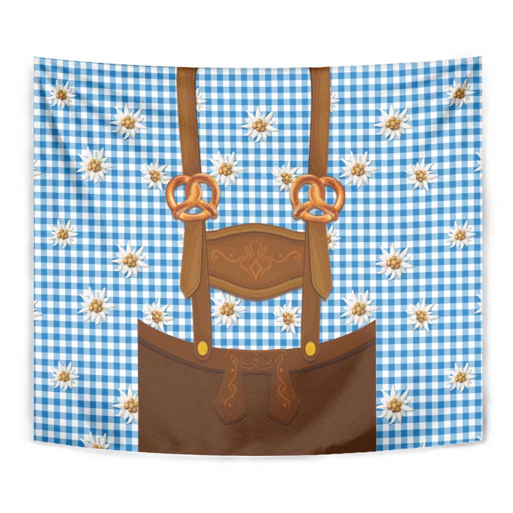 Traditional German Costume - Lederhosen and Soft Pretzel Tapestry Red Plaid Pattern with Edelweiss Flowers