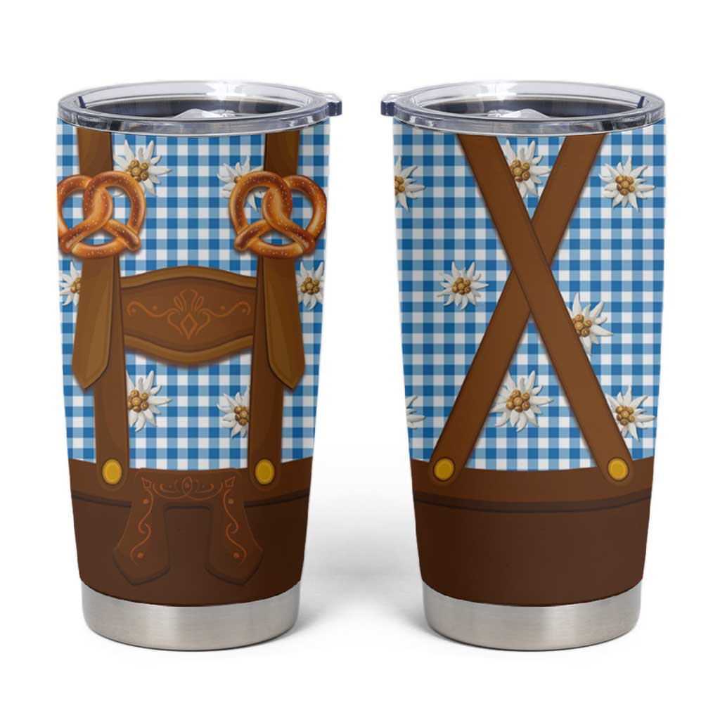 Traditional German Costume - Lederhosen and Soft Pretzel Tumbler Cup Red Plaid Pattern with Edelweiss Flowers