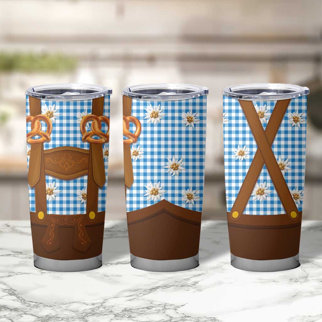 Traditional German Costume - Lederhosen and Soft Pretzel Tumbler Cup Red Plaid Pattern with Edelweiss Flowers