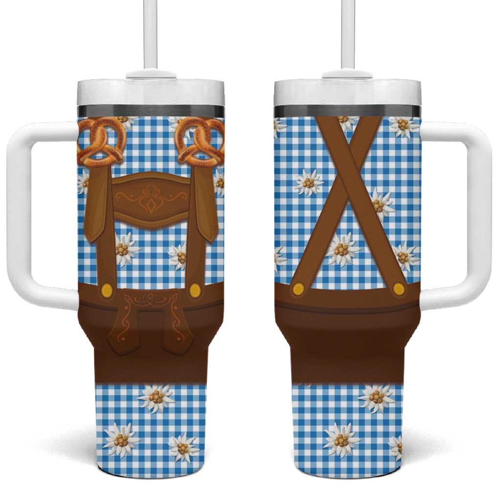 Traditional German Costume - Lederhosen and Soft Pretzel Tumbler With Handle Red Plaid Pattern with Edelweiss Flowers