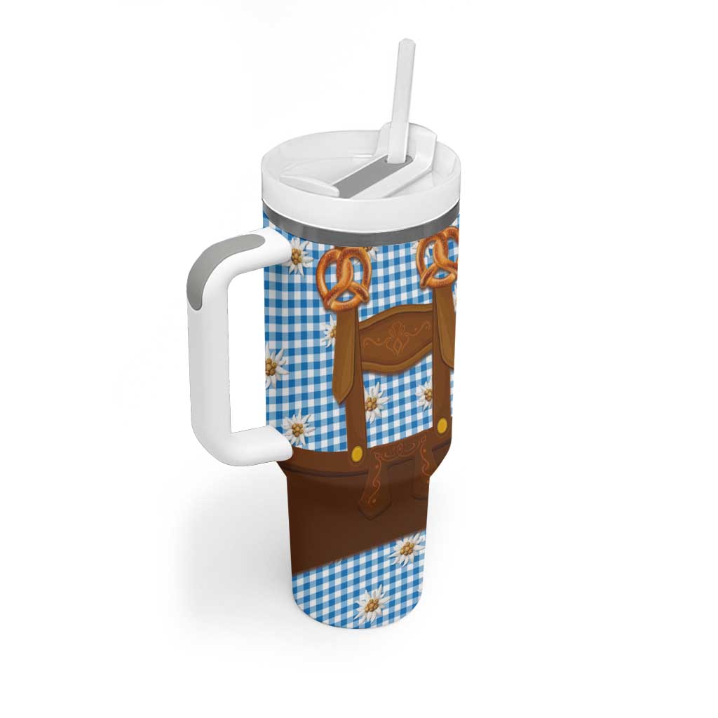 Traditional German Costume - Lederhosen and Soft Pretzel Tumbler With Handle Red Plaid Pattern with Edelweiss Flowers