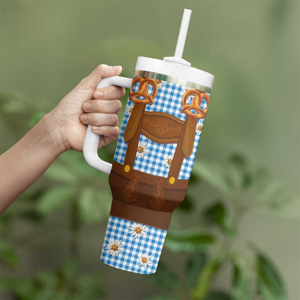 Traditional German Costume - Lederhosen and Soft Pretzel Tumbler With Handle Red Plaid Pattern with Edelweiss Flowers