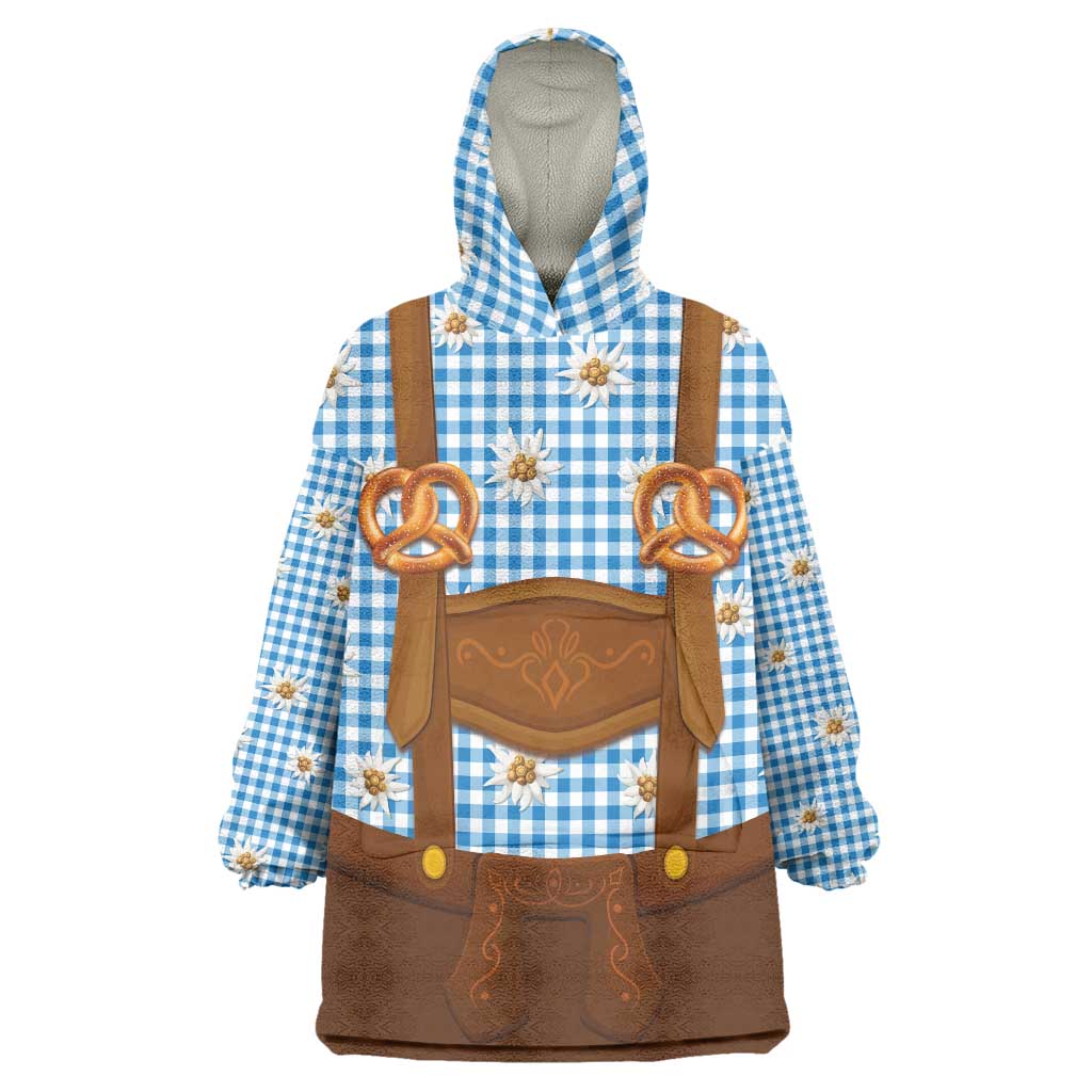 Traditional German Costume - Lederhosen and Soft Pretzel Wearable Blanket Hoodie Red Plaid Pattern with Edelweiss Flowers