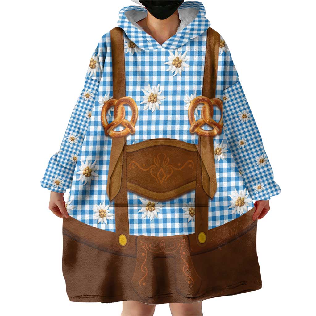 Traditional German Costume - Lederhosen and Soft Pretzel Wearable Blanket Hoodie Red Plaid Pattern with Edelweiss Flowers