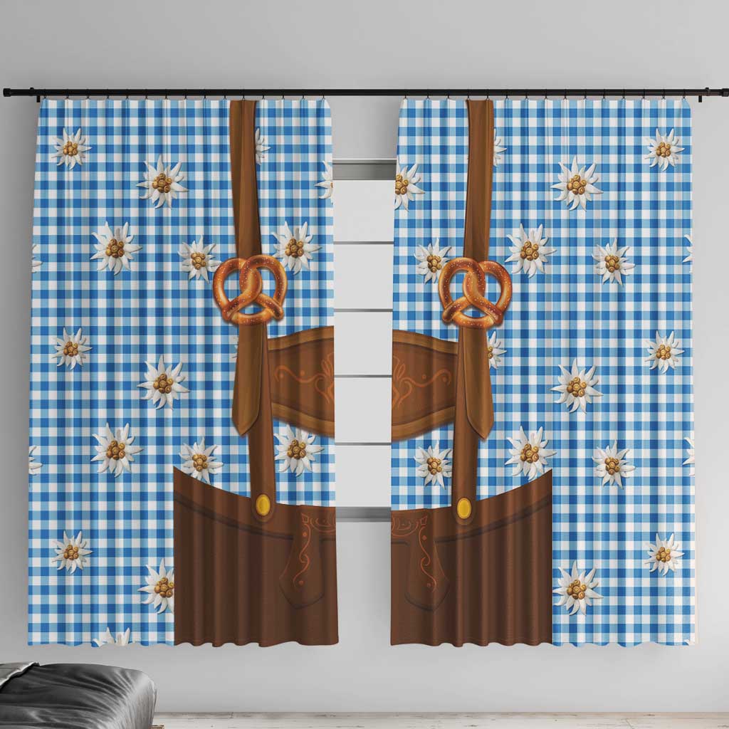 Traditional German Costume - Lederhosen and Soft Pretzel Window Curtain Red Plaid Pattern with Edelweiss Flowers