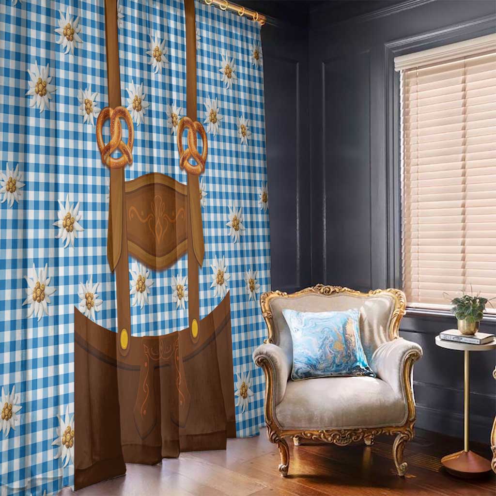 Traditional German Costume - Lederhosen and Soft Pretzel Window Curtain Red Plaid Pattern with Edelweiss Flowers