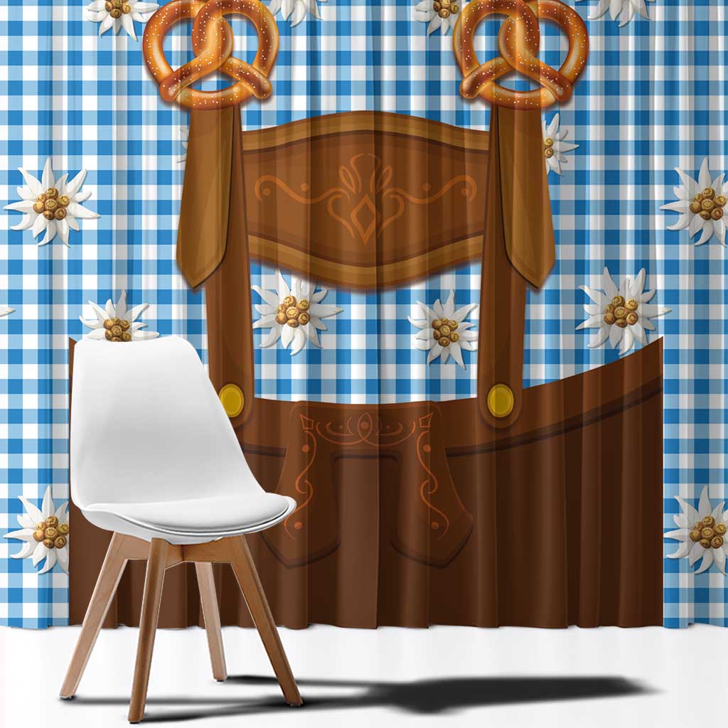 Traditional German Costume - Lederhosen and Soft Pretzel Window Curtain Red Plaid Pattern with Edelweiss Flowers