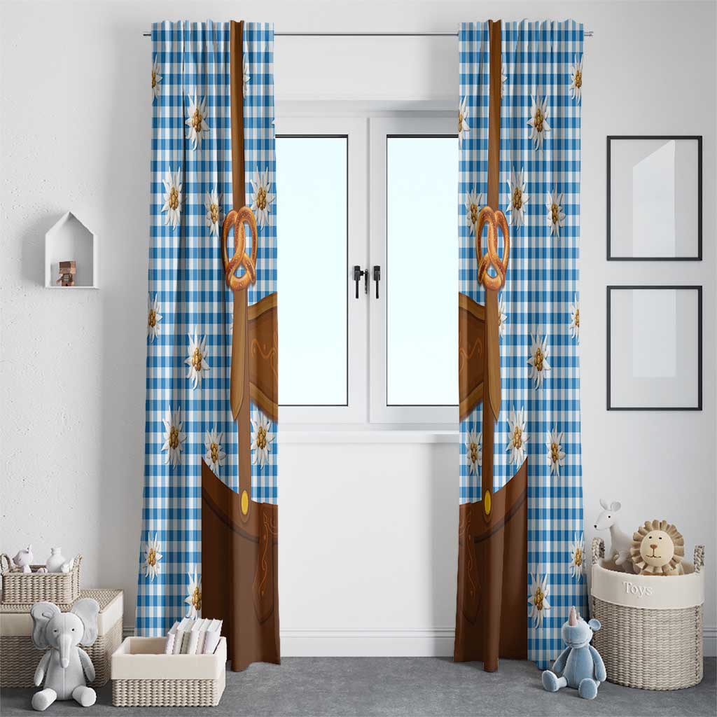 Traditional German Costume - Lederhosen and Soft Pretzel Window Curtain Red Plaid Pattern with Edelweiss Flowers