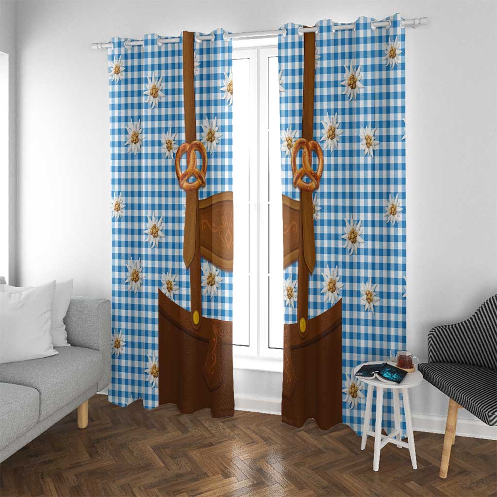 Traditional German Costume - Lederhosen and Soft Pretzel Window Curtain Red Plaid Pattern with Edelweiss Flowers